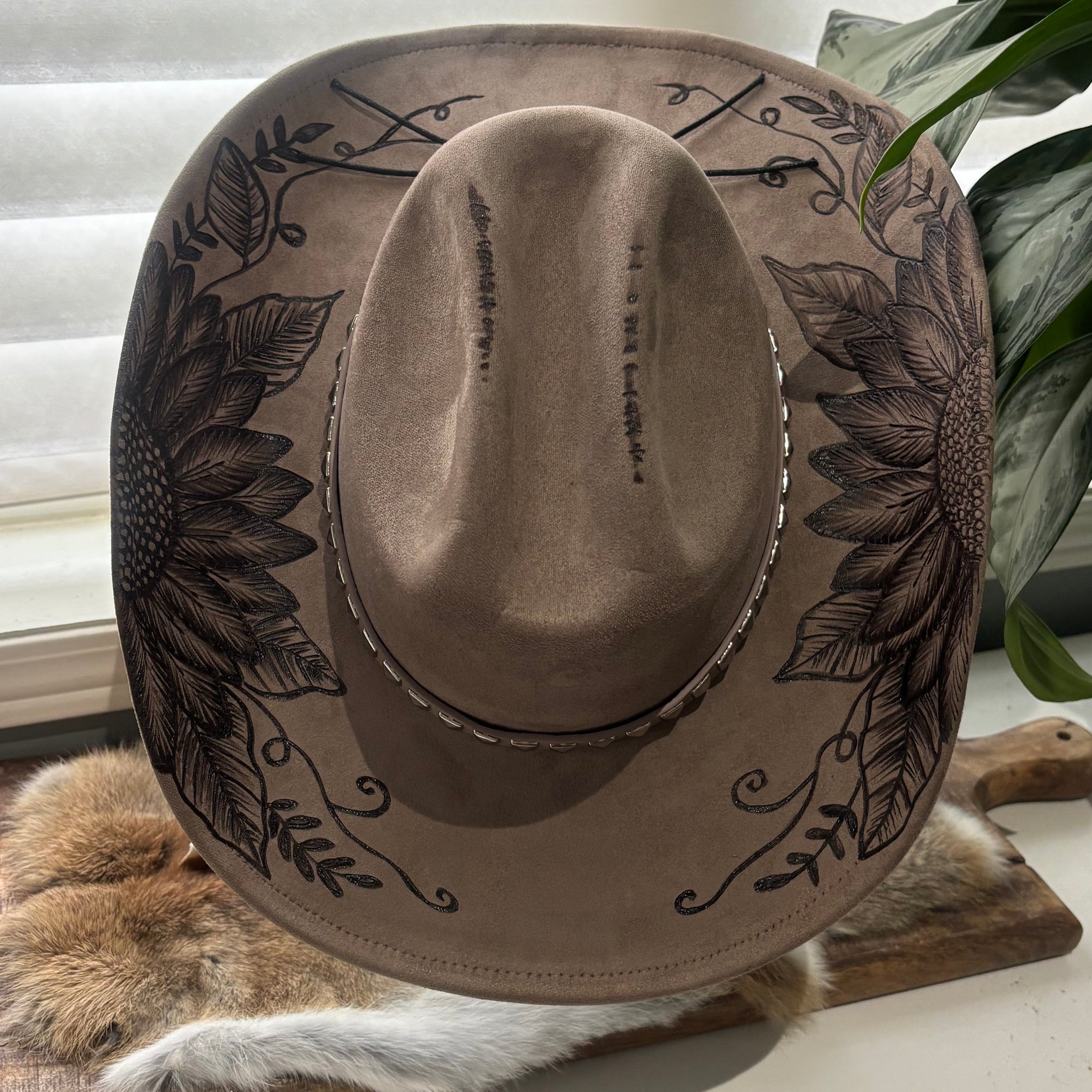 HAND BURNED HAT - "RUSTIC SUNFLOWER"