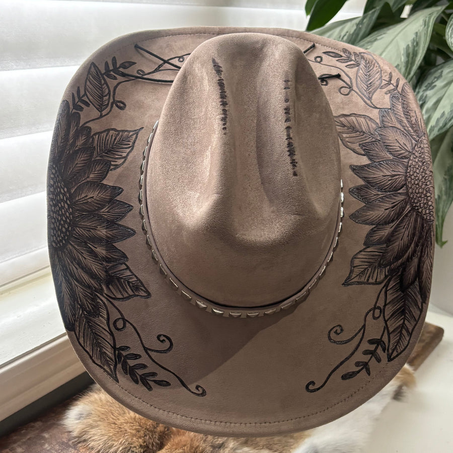 HAND BURNED HAT - "RUSTIC SUNFLOWER"