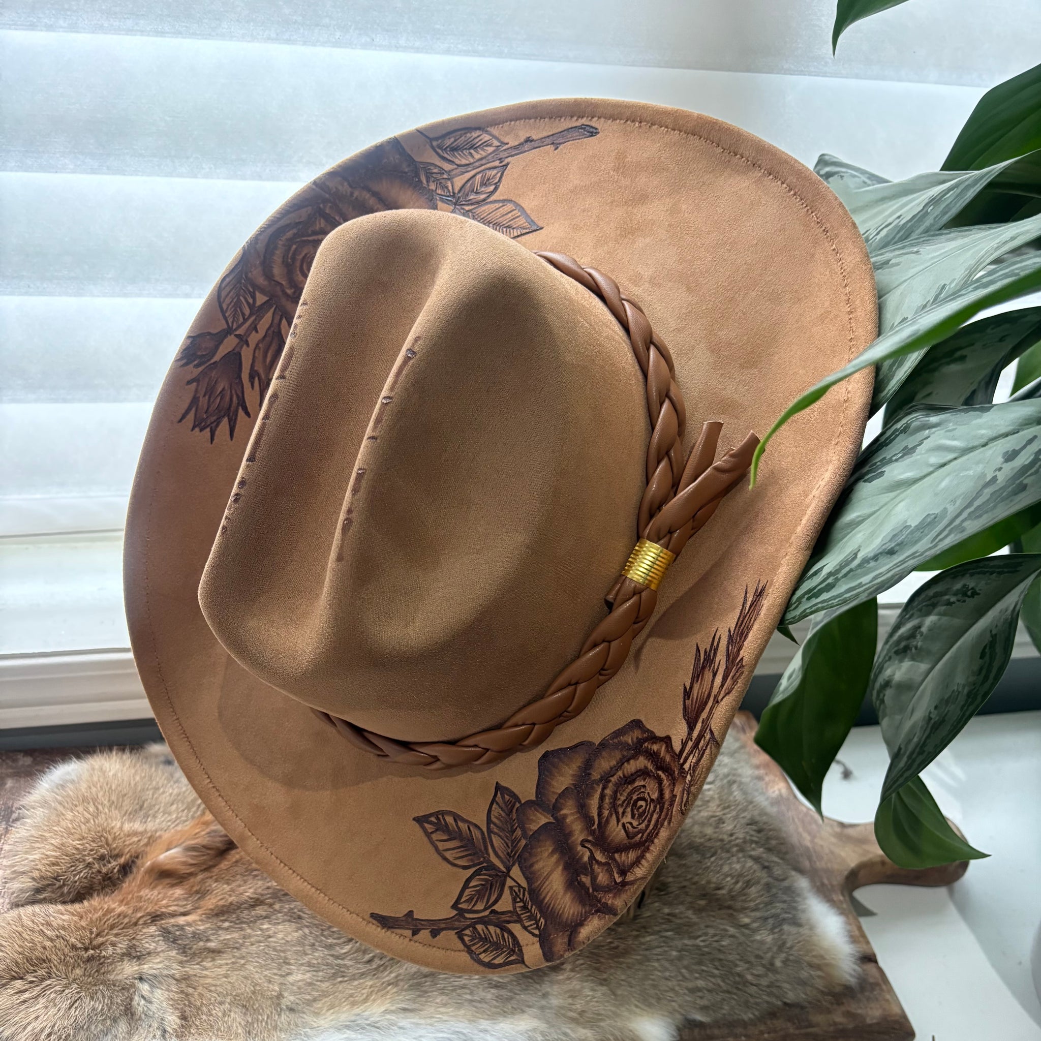 HAND BURNED HAT - "ROSE KISS”