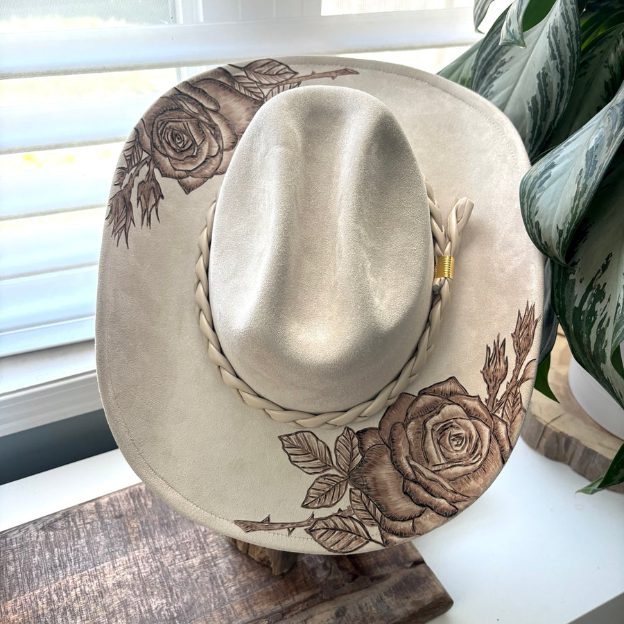 HAND BURNED HAT - "ROSE”