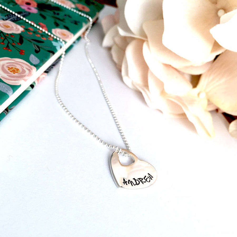 Custom stamped open heart pendant on a ball chain