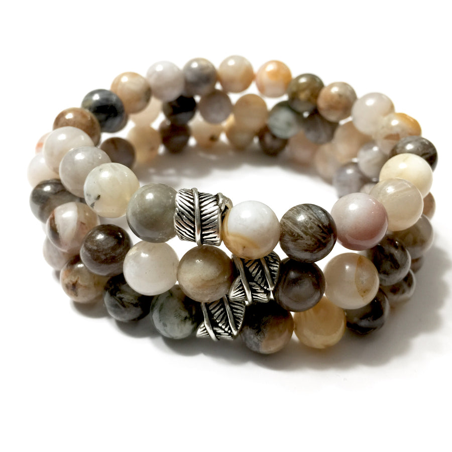 8mm Bamboo Agate and Silver Leaf Charm Bracelet