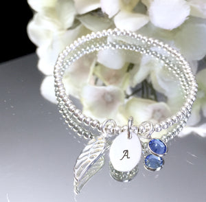 Custom Hand Stamped Angel Wing & Birthstone Stretch Bracelet