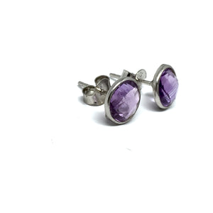 STERLING SILVER NATURAL STONE AMETHYST ROUND STUD EARRINGS