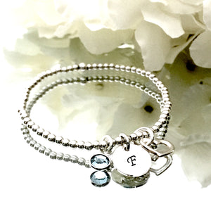 3mm Silver Stretch with Custom Initial Charm, Open Heart & Birthstone