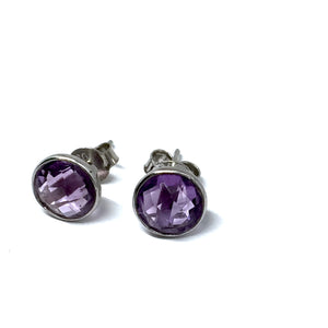 STERLING SILVER NATURAL STONE AMETHYST ROUND STUD EARRINGS