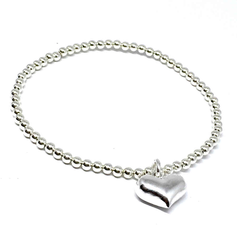 3mm Sterling Silver Puffed Heart Charm Bracelet