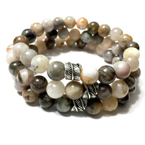 8mm Bamboo Agate and Silver Leaf Charm Bracelet
