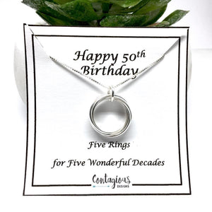 50th Birthday Sterling Silver Five Ring Necklace