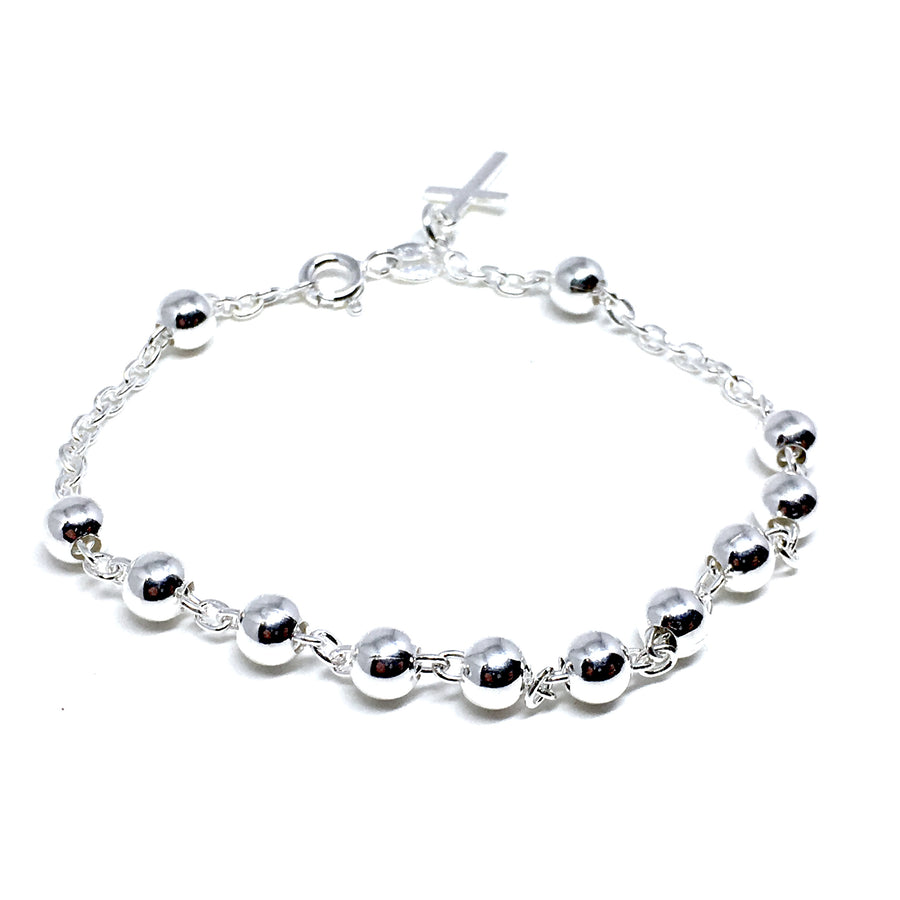 7" Sterling Silver Rosary Bracelet with Cross Charm 