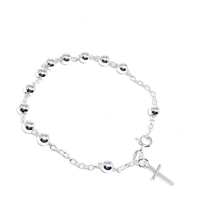STERLING SILVER ROSARY BEAD BRACELET WITH CROSS