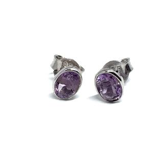 STERLING SILVER NATURAL STONE AMETHYST STUD OVAL EARRINGS