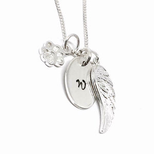 Custom Initial Dog Paw Angel Wing Necklace