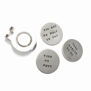 2 Custom Hand Stamped Magnetic Golf Ball Markers w/Hat Clip