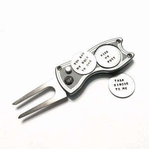 3 Custom Hand Stamped Golf Ball Markers w/ Divot Repair Tool & Hat Clip