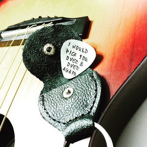Custom Hand Stamped Guitar Pick w/ Key Chain Case