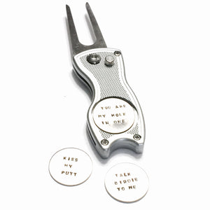 3 Custom Hand Stamped Golf Ball Markers w/ Divot Repair Tool