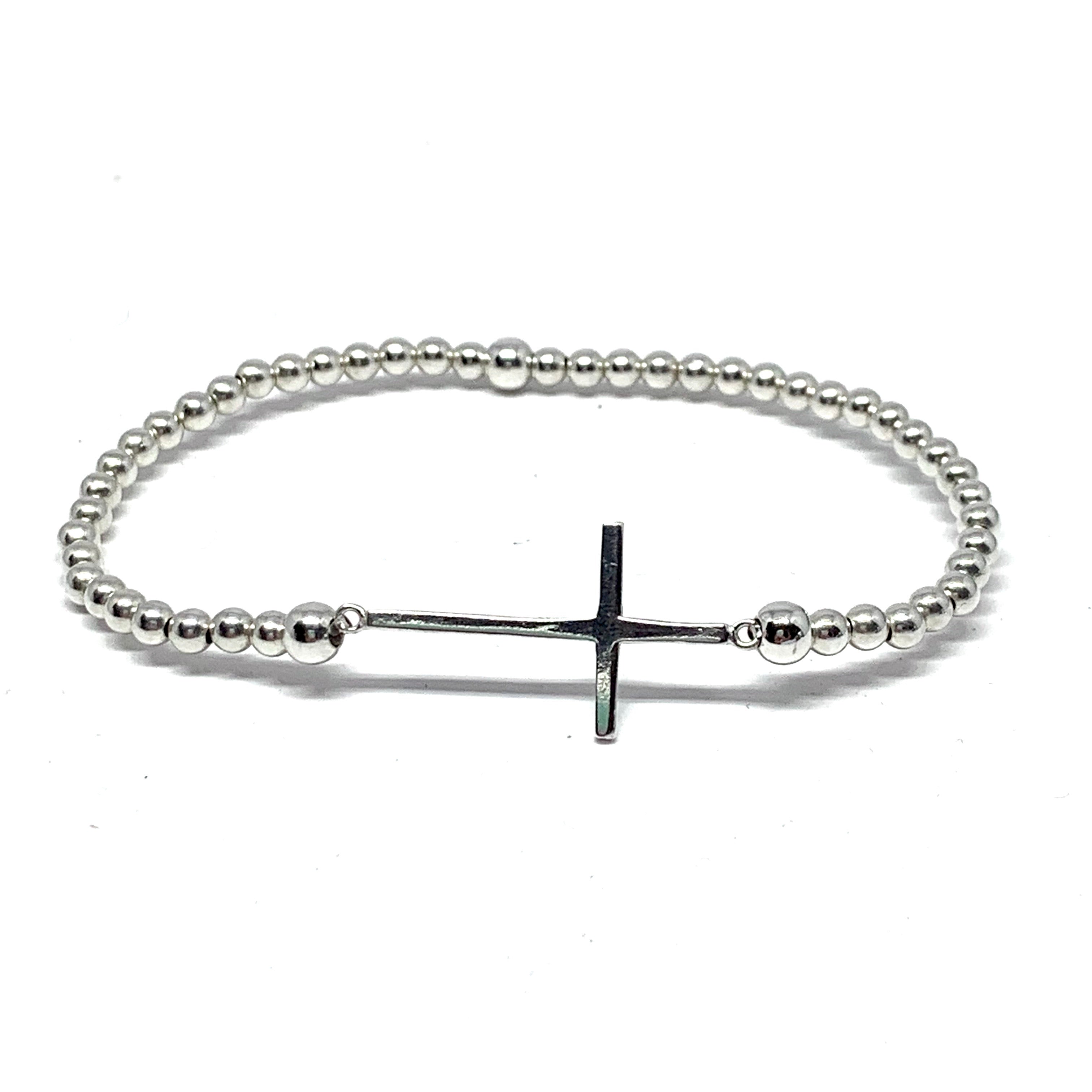 Sterling Silver 3mm Stretchy Ball Cross Bracelet