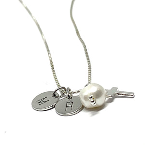 THE “MARY" CUSTOM INITIAL PEARL CROSS NECKLACE